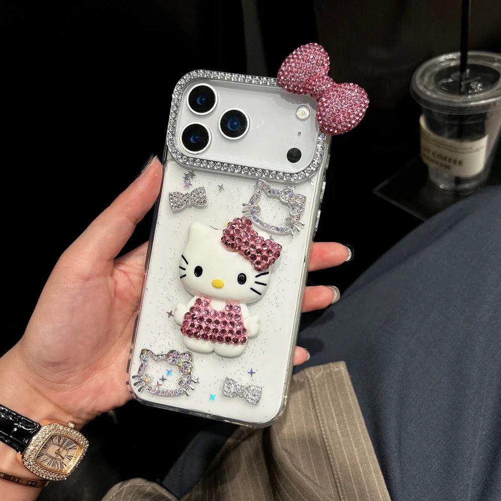 3D Kawaii Katzen Hülle für iPhone 17 16 15 14 13 12 Glitzer Schleife Cute