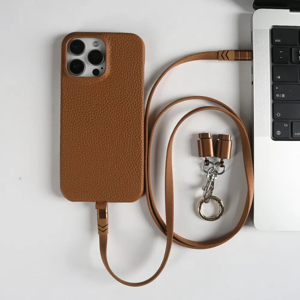 Echtleder Handyhülle mit USB-Ladekabel-Lanyard – Handgefertigt, Premium
