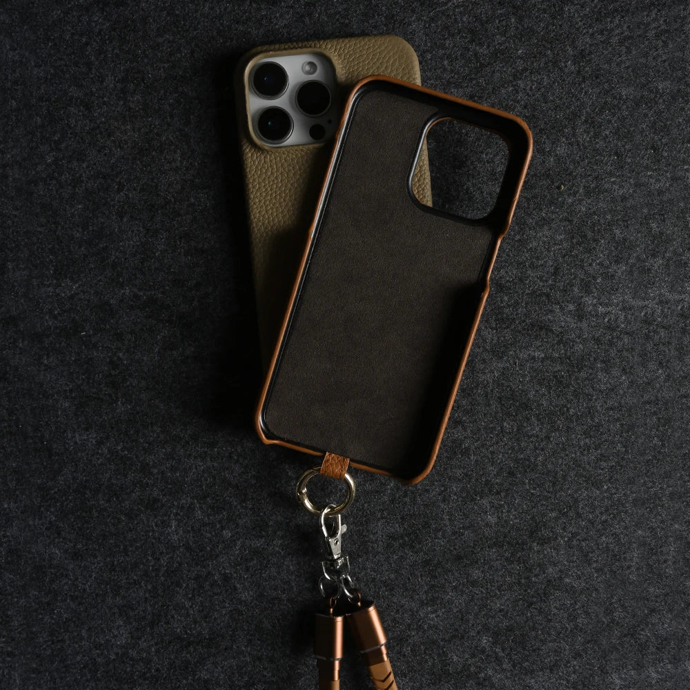 Echtleder Handyhülle mit USB-Ladekabel-Lanyard – Handgefertigt, Premium
