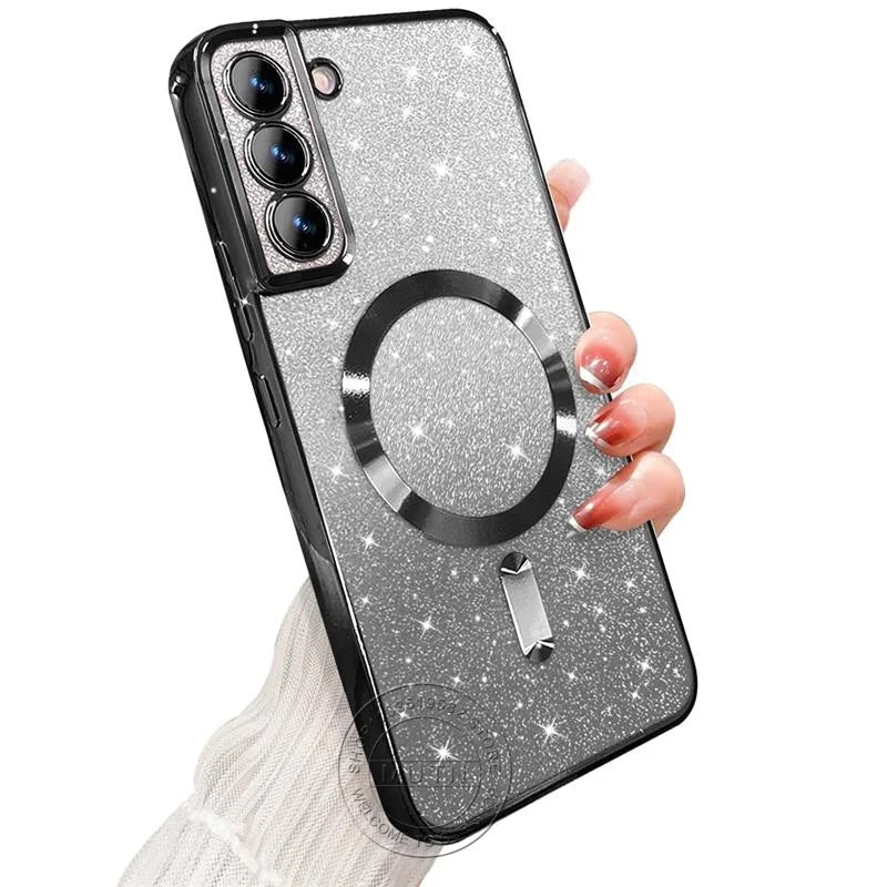 Glitzer Magnet-Hülle mit Kameraschutz – Transparent, Kabelloses Laden