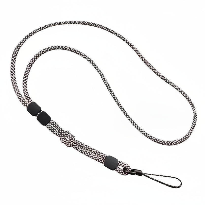 Handy-Lanyard in Schwarz-Weiß, geflochtenes Nackenkordel mit schwarzen Schiebereglern und Befestigungsschlaufe, Draufsicht