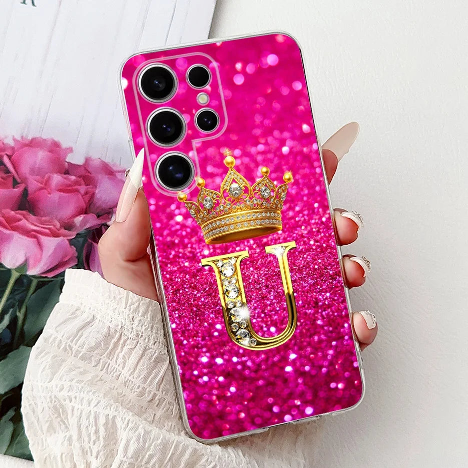 Für Samsung Galaxy S25 Hülle – Buchstaben Krone Glitzer Design · U – Schwarz
