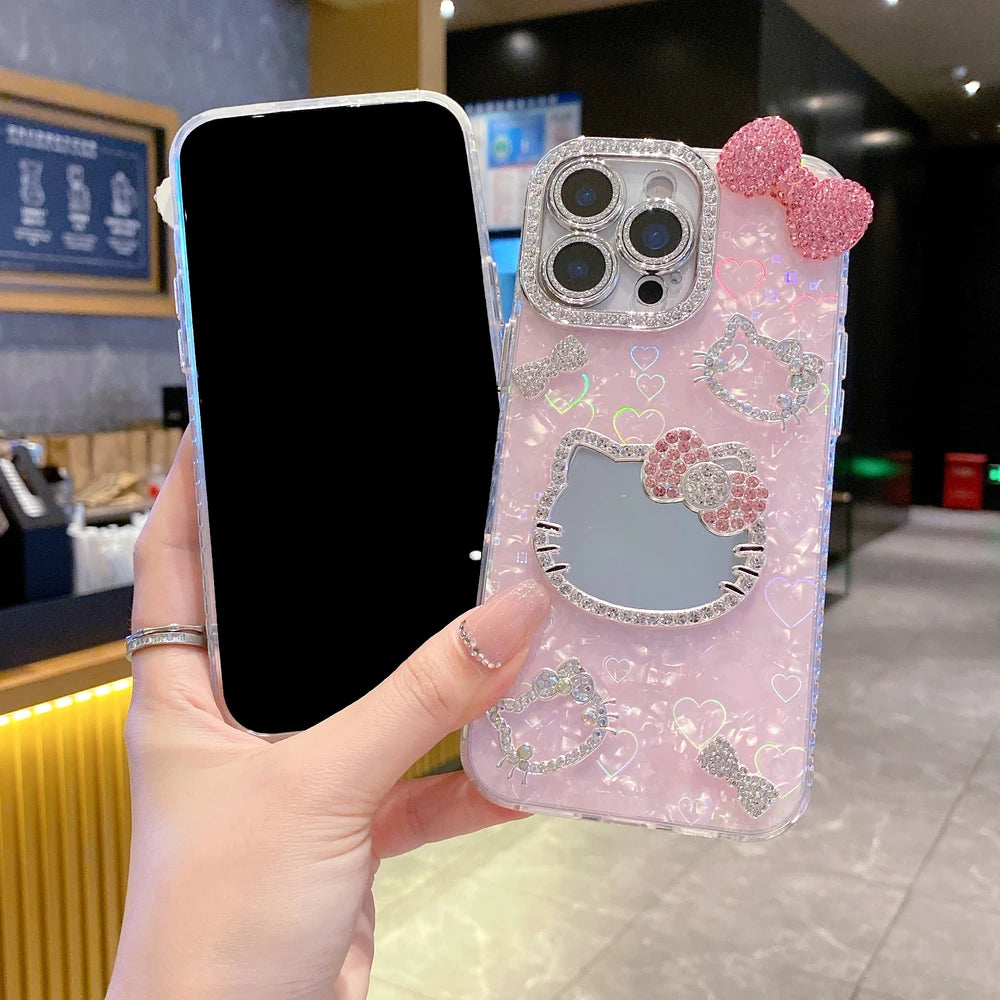 3D Cartoon-Kätzchen Hülle mit Spiegel & Glitzer – Stoßfest, Hart