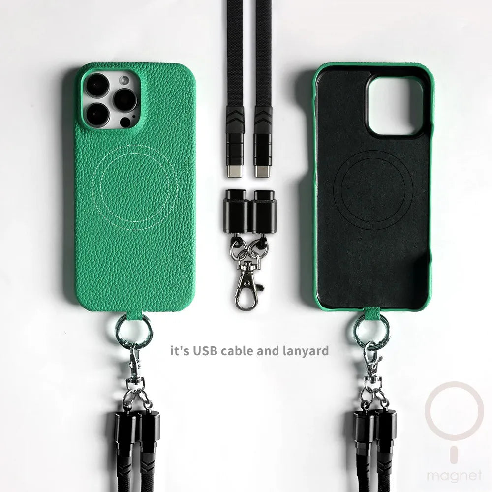 Echtleder Handyhülle mit USB-Ladekabel-Lanyard – Handgefertigt, Premium