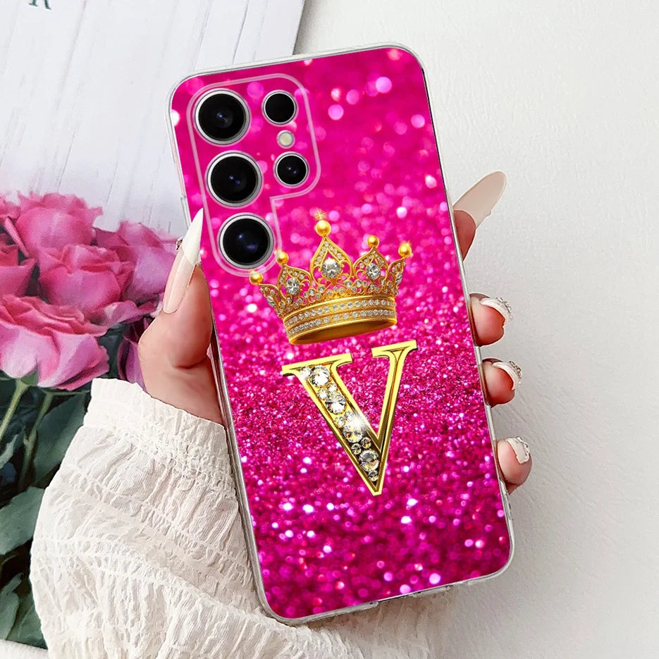 Für Samsung Galaxy S25 Hülle – Buchstaben Krone Glitzer Design · V – Schwarz