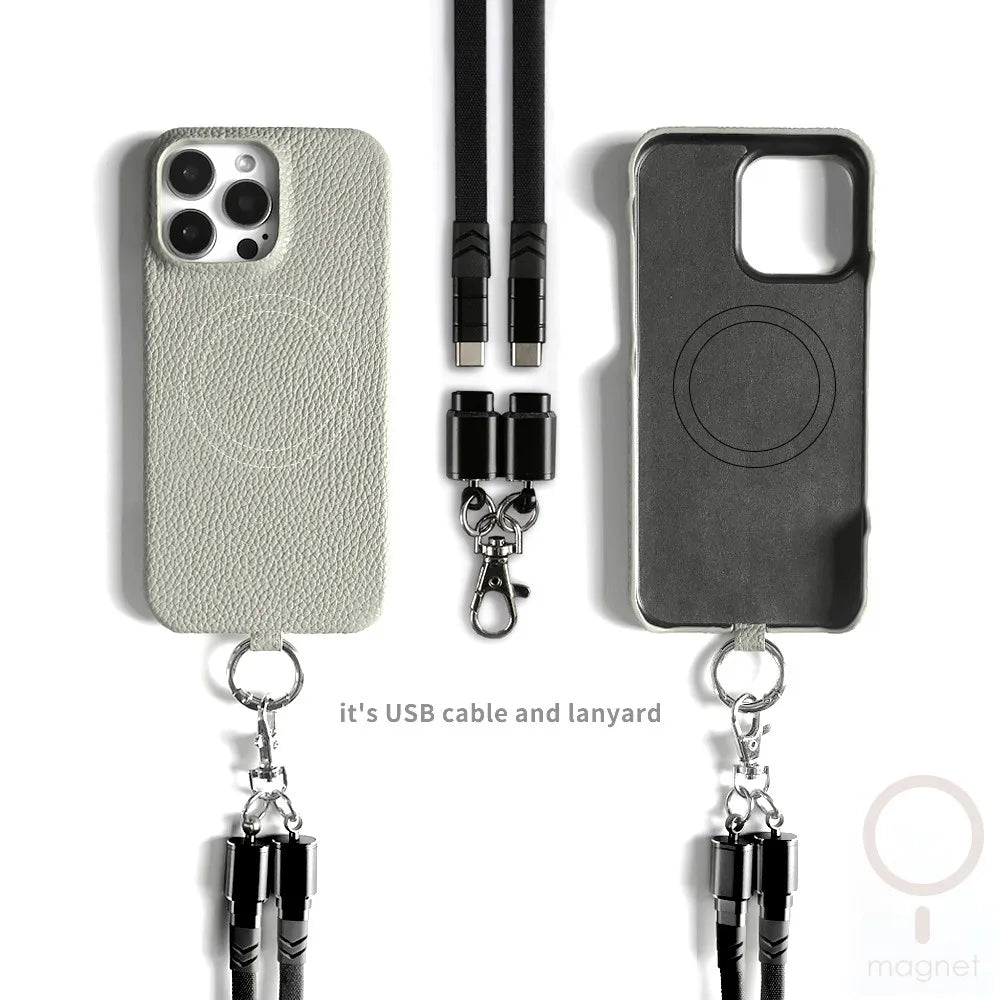 Echtleder Handyhülle mit USB-Ladekabel-Lanyard – Handgefertigt, Premium