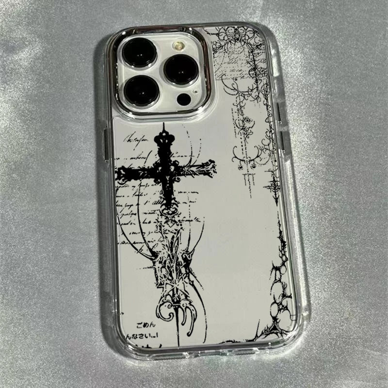 Transparente iPhone-Hülle Rückseite, detailliertes schwarzes Gothic-Kreuz mit Ornamenten und japanischer Schrift