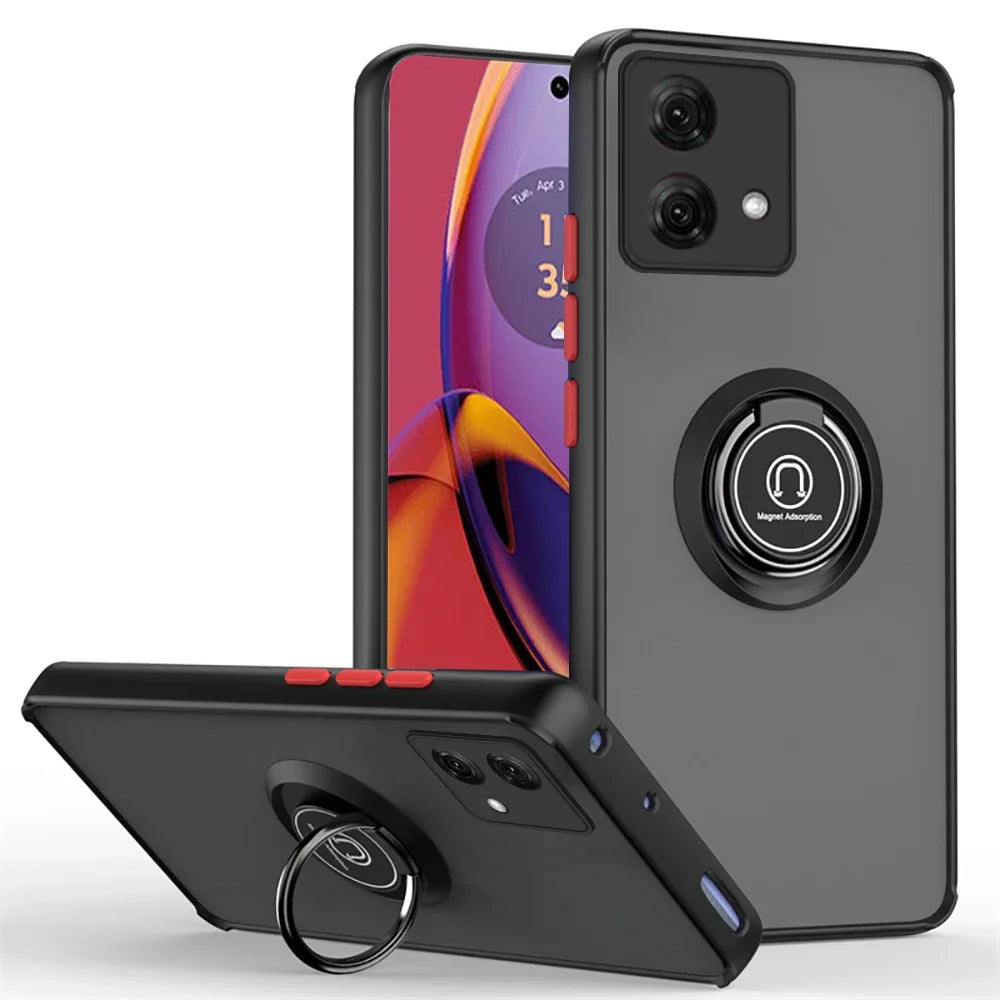 Moto G84/G54/G14 Hülle in Schwarz mit roten Seitentasten, mattem Rücken und drehbarem Ring-Ständer, zwei Ansichten