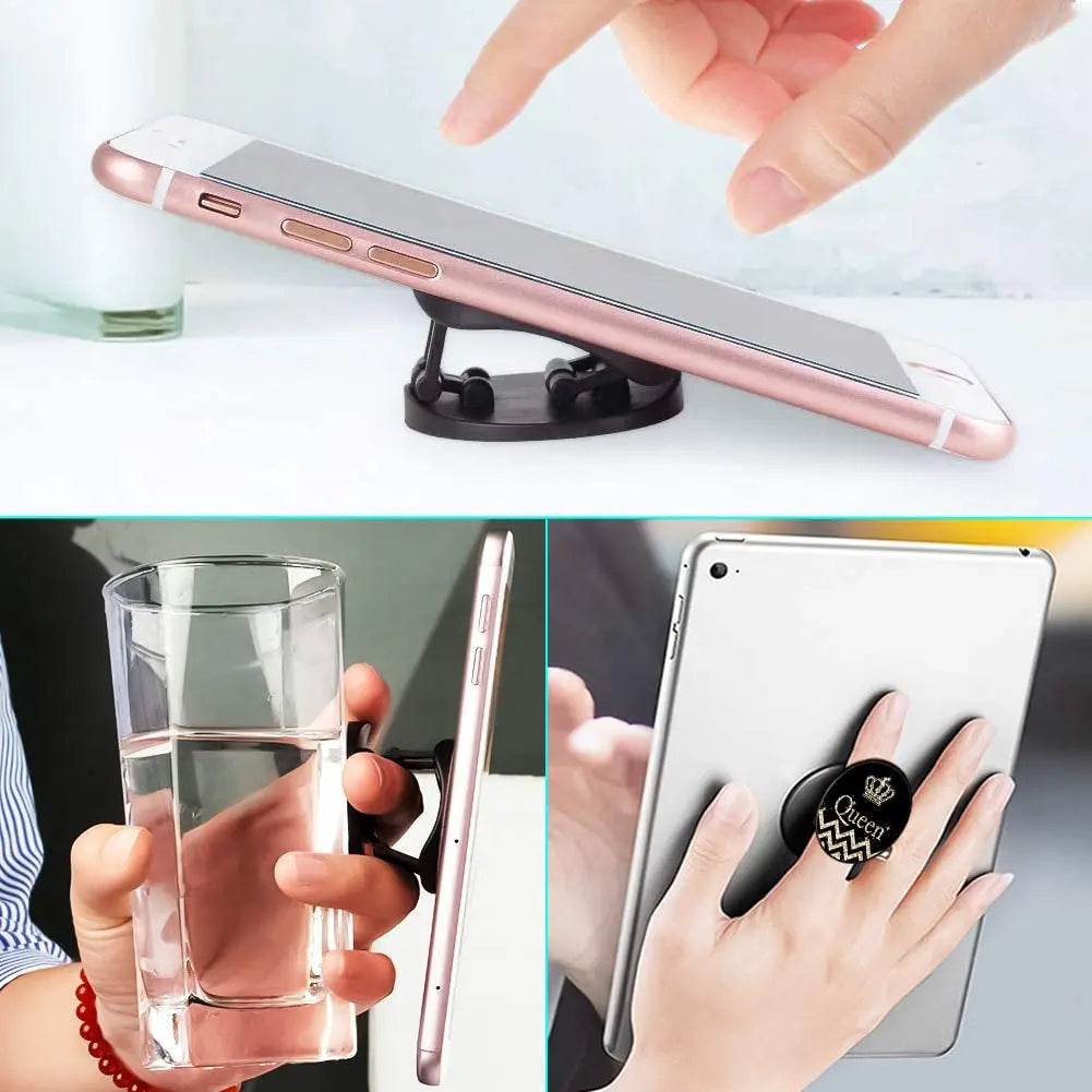 Drei Nutzungsszenarien: Smartphone flach auf Tischständer, einhändiges Halten mit Fingerring, und Queen-Pop-Up-Griff an Table
