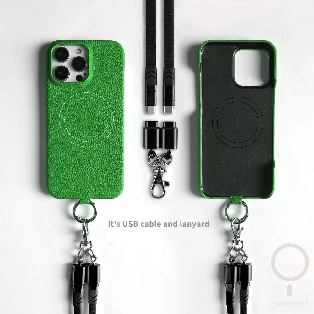 Echtleder Handyhülle mit USB-Ladekabel-Lanyard – Handgefertigt, Premium