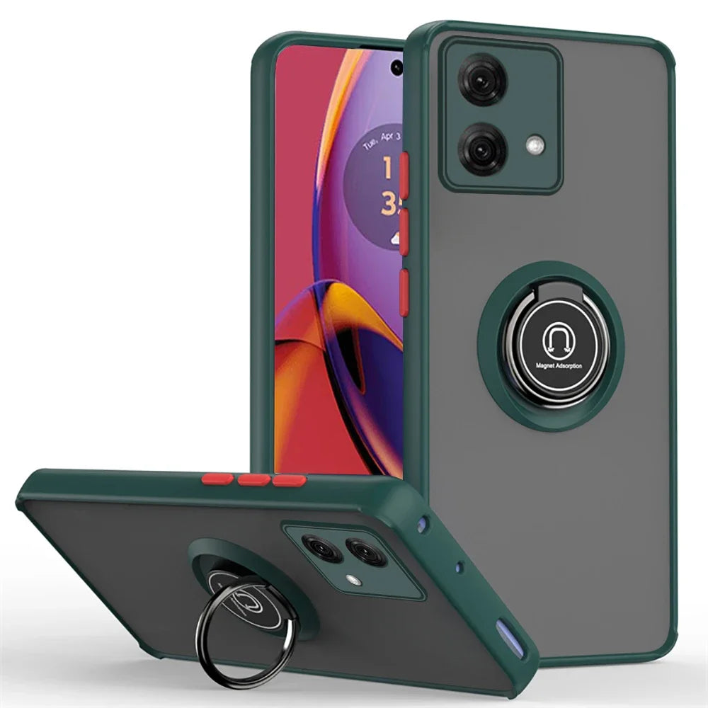 Moto G84/G54/G14 Hülle in Dunkelgrün mit mattem Rücken, rotem Ring-Ständer und Magnet-Fingerring, Vorder- und Rückansicht