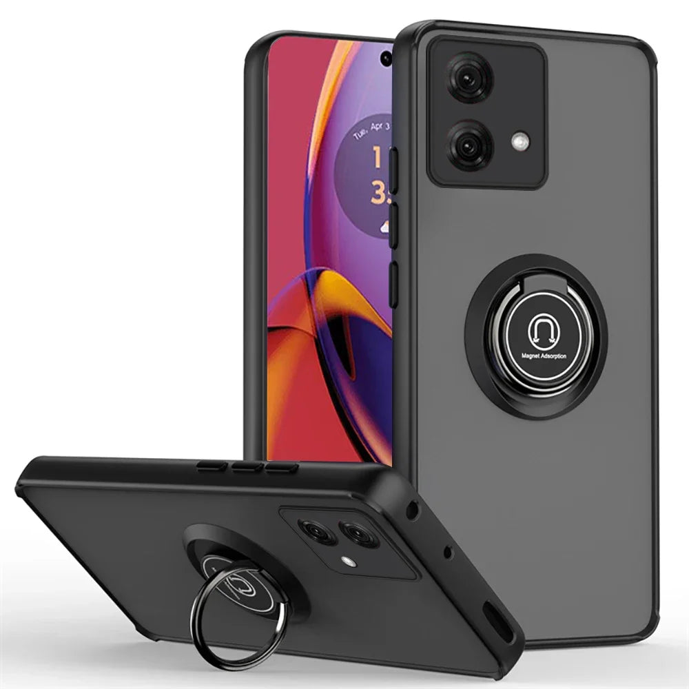 Moto G84/G54/G14 Hülle komplett in Schwarz, matter Rücken mit integriertem Ring-Ständer, Vorder- und Rückansicht