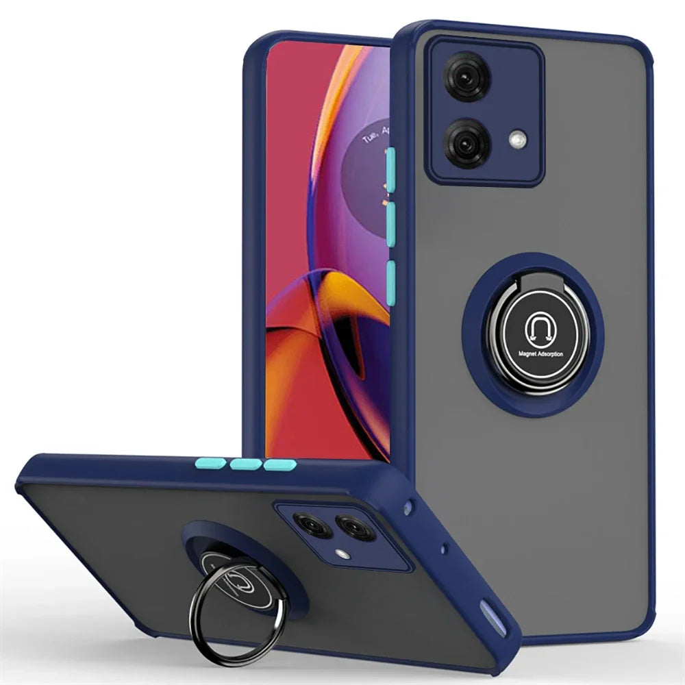 Moto G84/G54/G14 Hülle in Dunkelblau mit mattem Rücken, Ring-Ständer und Ständer-Funktion, drei Ansichten