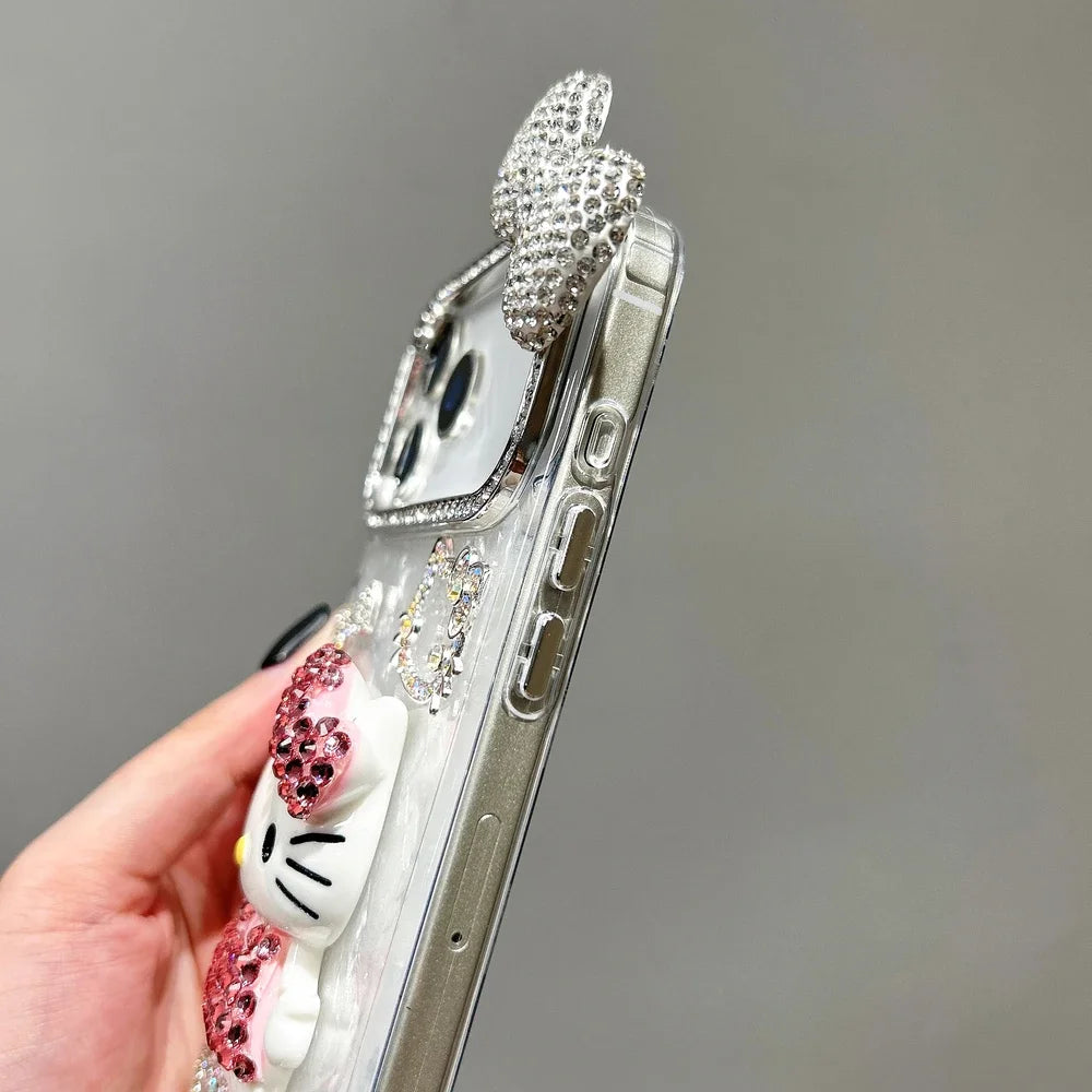 3D Kawaii Katzen Hülle für iPhone 17 16 15 14 13 12 Glitzer Schleife Cute