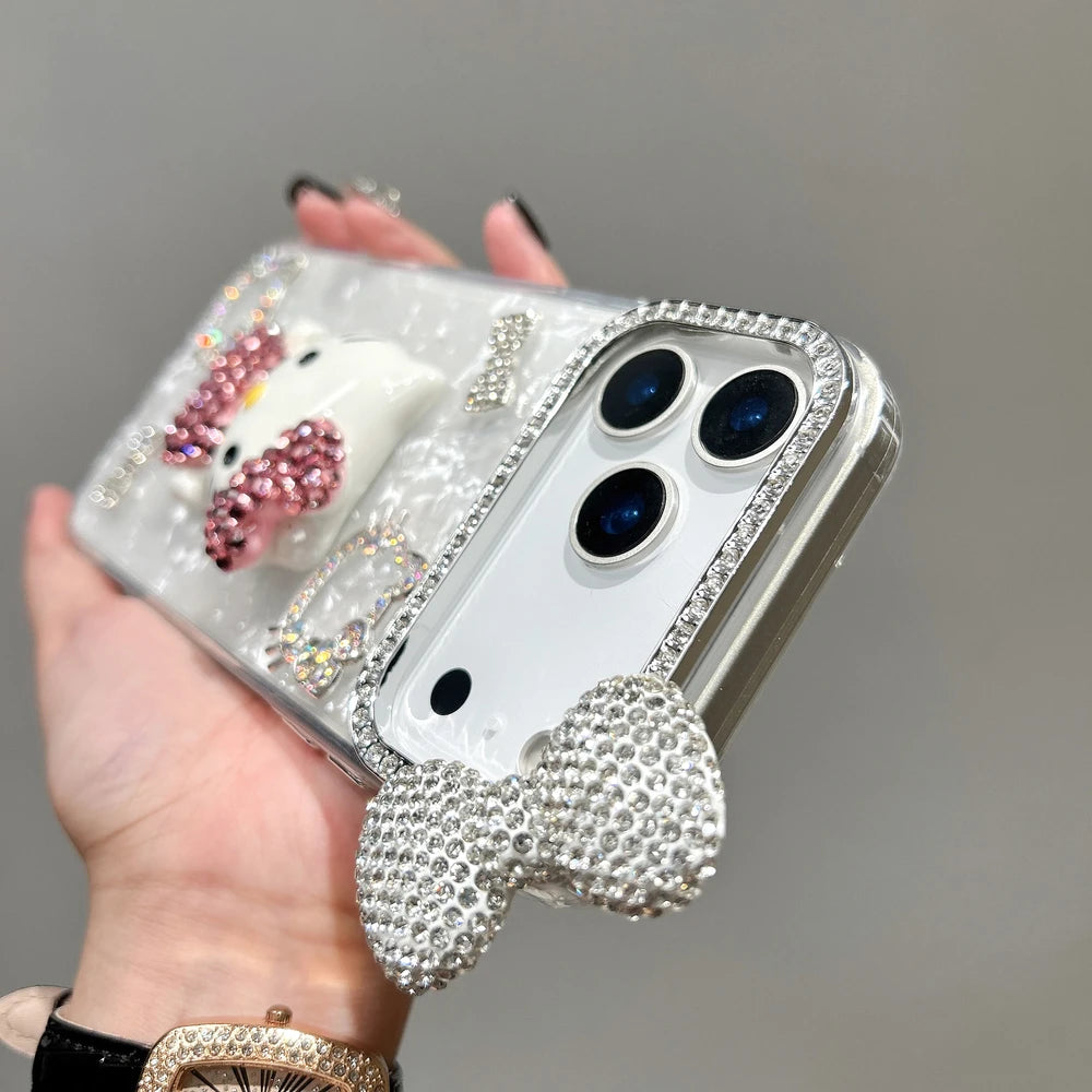 3D Kawaii Katzen Hülle für iPhone 17 16 15 14 13 12 Glitzer Schleife Cute