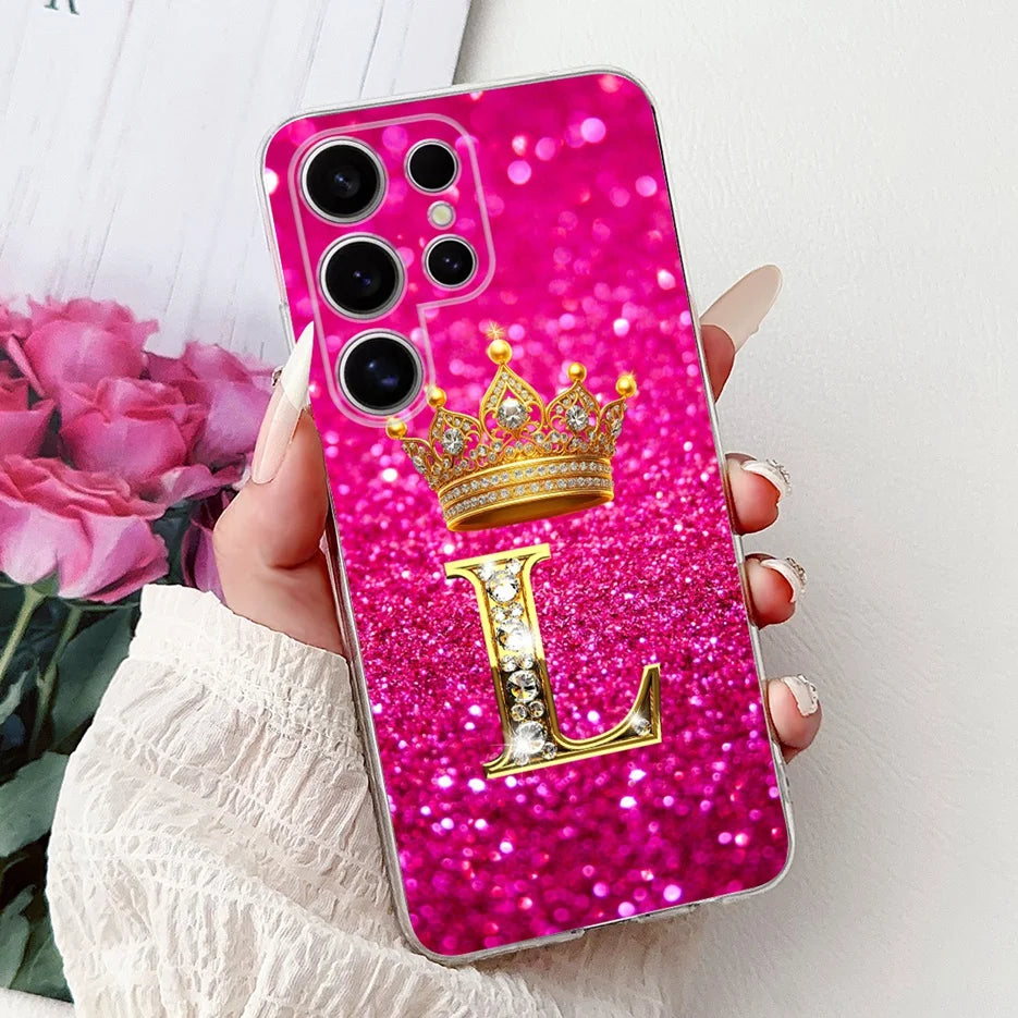 Für Samsung Galaxy S25 Hülle – Buchstaben Krone Glitzer Design · L – Schwarz