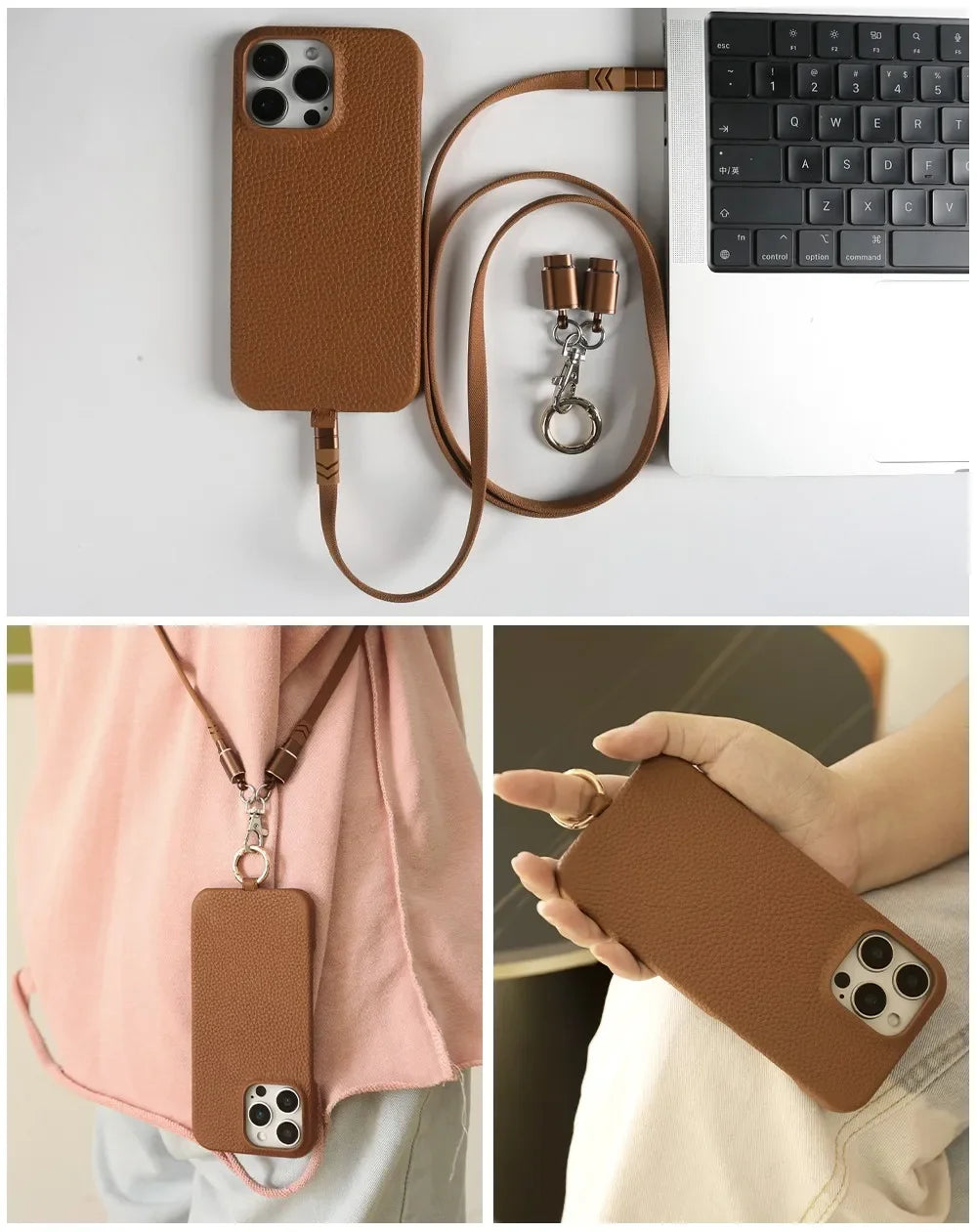 Echtleder Handyhülle mit USB-Ladekabel-Lanyard – Handgefertigt, Premium
