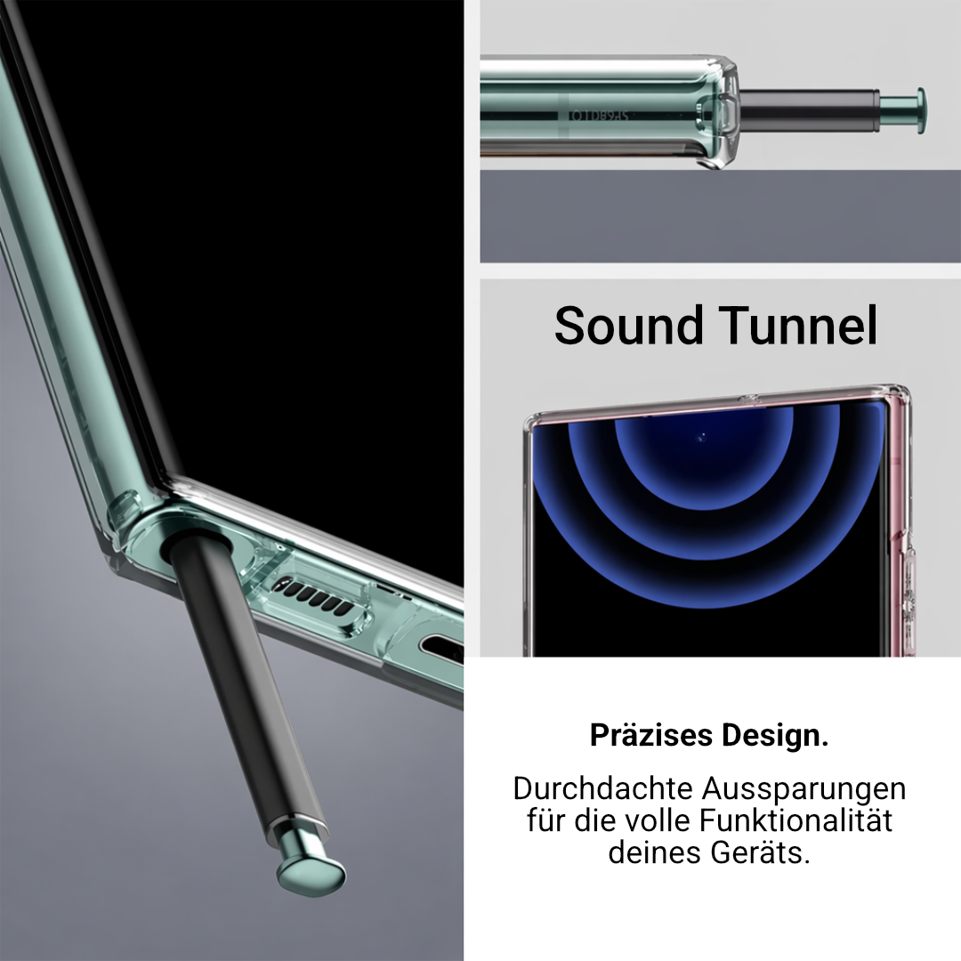 S-Pen-Aussparung an transparenter Hülle sowie Sound-Tunnel-Detail, Nahaufnahme Unterseite und Lautsprecher