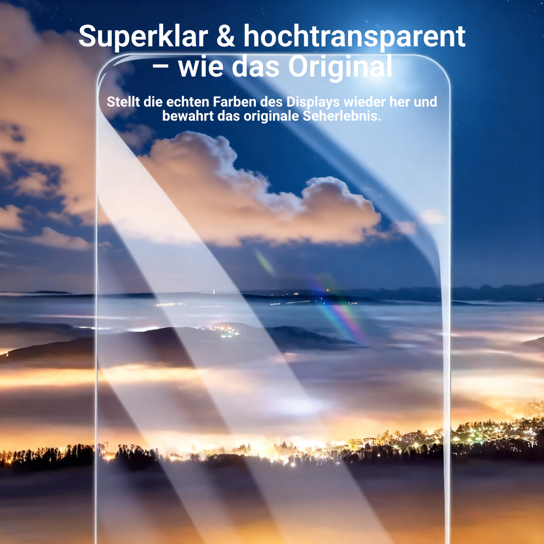 Transparentes iPhone-Schutzglas vor Nachtlandschaft – veranschaulicht HD-klare Durchsicht