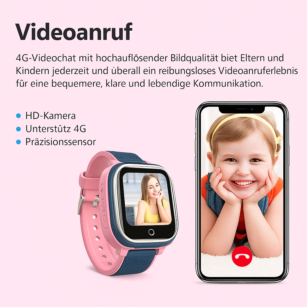 4G Kids Smartwatch GPS WIFI Video Call IP67 – SOS Uhr für Kinder mit Kamera, Tracker, Standort & Telefon – Blau/Rosa