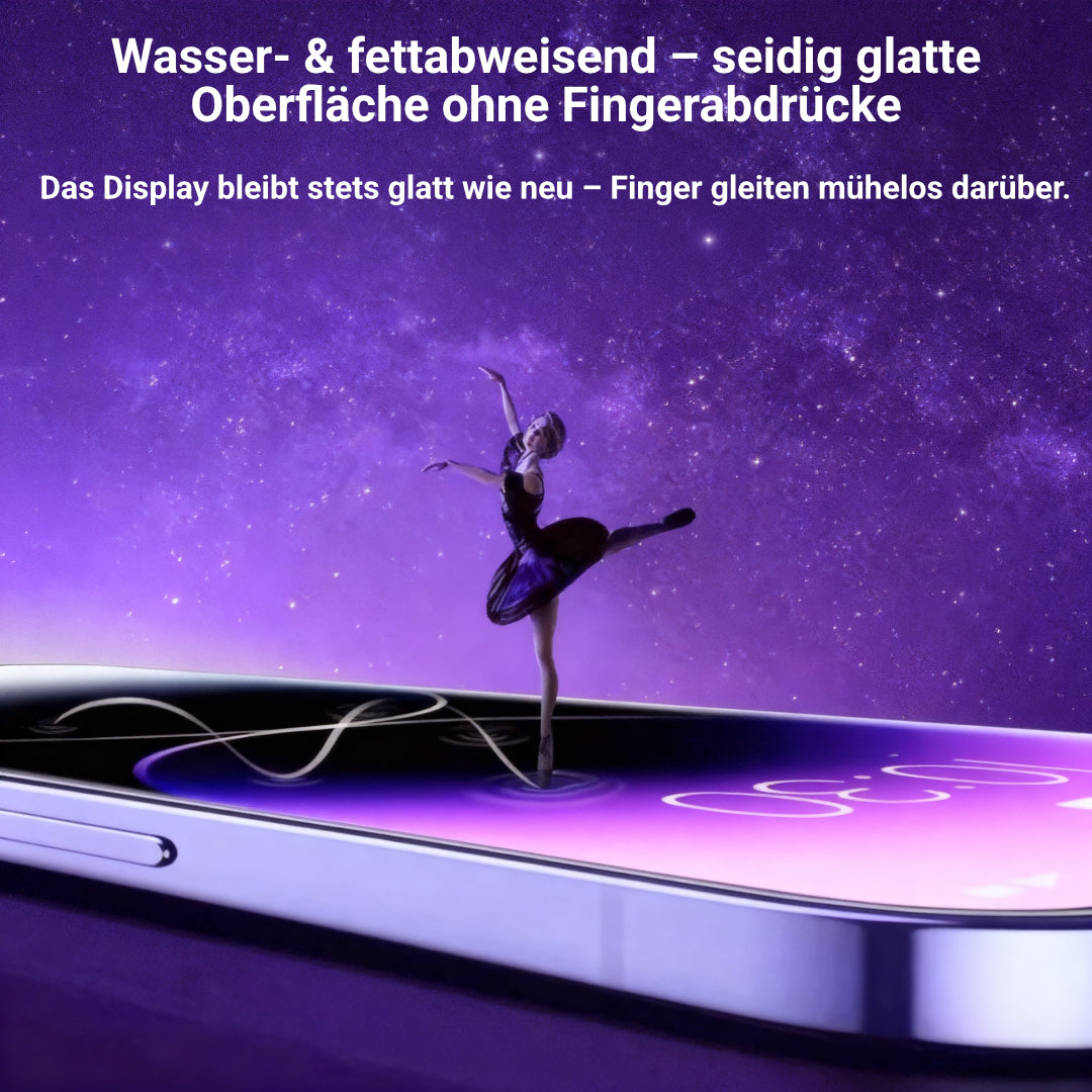 Ballerina tanzt auf iPhone-Display mit Schutzglas – symbolisiert fettabweisende, glatte Oberfläche