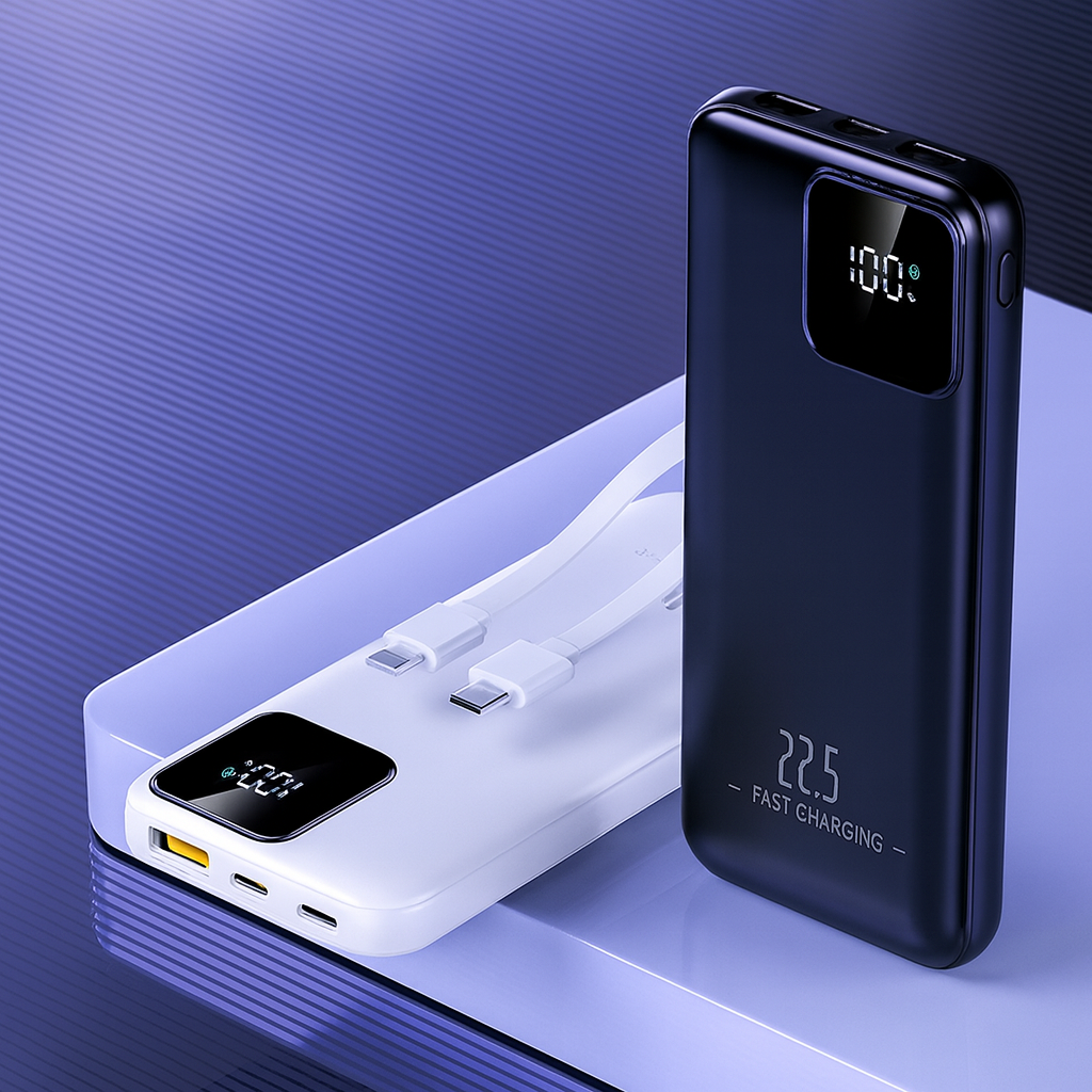 22,5W Powerbank 20.000–30.000 mAh mit LED-Display & integrierten Kabeln