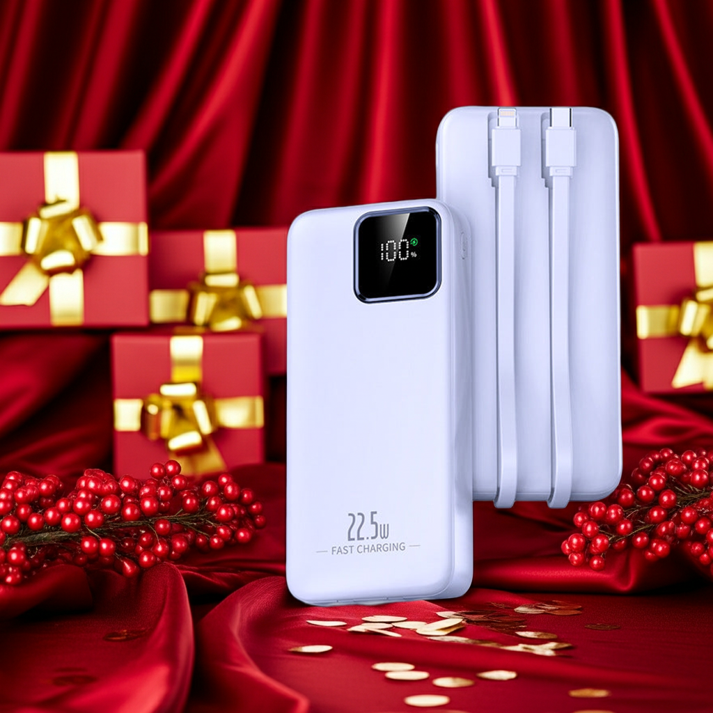 22,5W Powerbank 20.000–30.000 mAh mit LED-Display & integrierten Kabeln