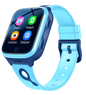 Blaue Kinder-Smartwatch schräg von vorne, Touchscreen mit vier App-Icons, seitliche Tasten, hellblaues Silikonarmband