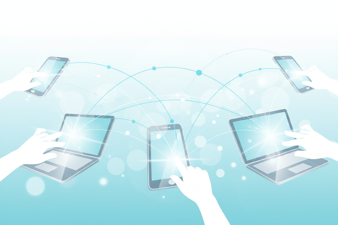 Ein modernes, helles, minimalistisches Motiv, das Gemeinschaft und Technologie verbindet.
Zu sehen sind stilisierte Hände oder Silhouetten von Menschen, die sich über digitale Geräte (Smartphones, Tablets, Laptops) vernetzen.
Die Szene ist in weichen, hellen Farben gehalten – Weiß, Hellblau, Silber und sanftes Cyan.
Leichte Lichtreflexe oder Linien, die Verbindung und Kommunikation symbolisieren (z. B. sanfte Lichtstrahlen oder Punkte, die sich verbinden).
Der Hintergrund ist clean, mit subtiler Tiefe – wie