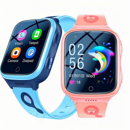 Kinder-Smartwatch in Blau und Rosa nebeneinander, Touchscreen mit App-Icons bzw. buntem Delfin-Zifferblatt, Silikonarmband