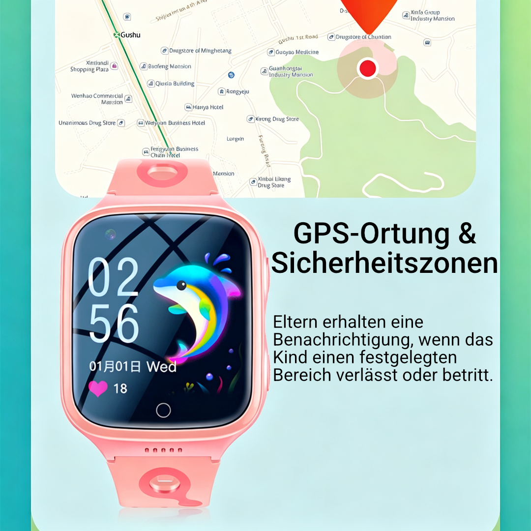 Rosa Kinder-Smartwatch Frontansicht mit Delfin-Zifferblatt, darüber digitale Stadtkartenansicht mit GPS-Markierung