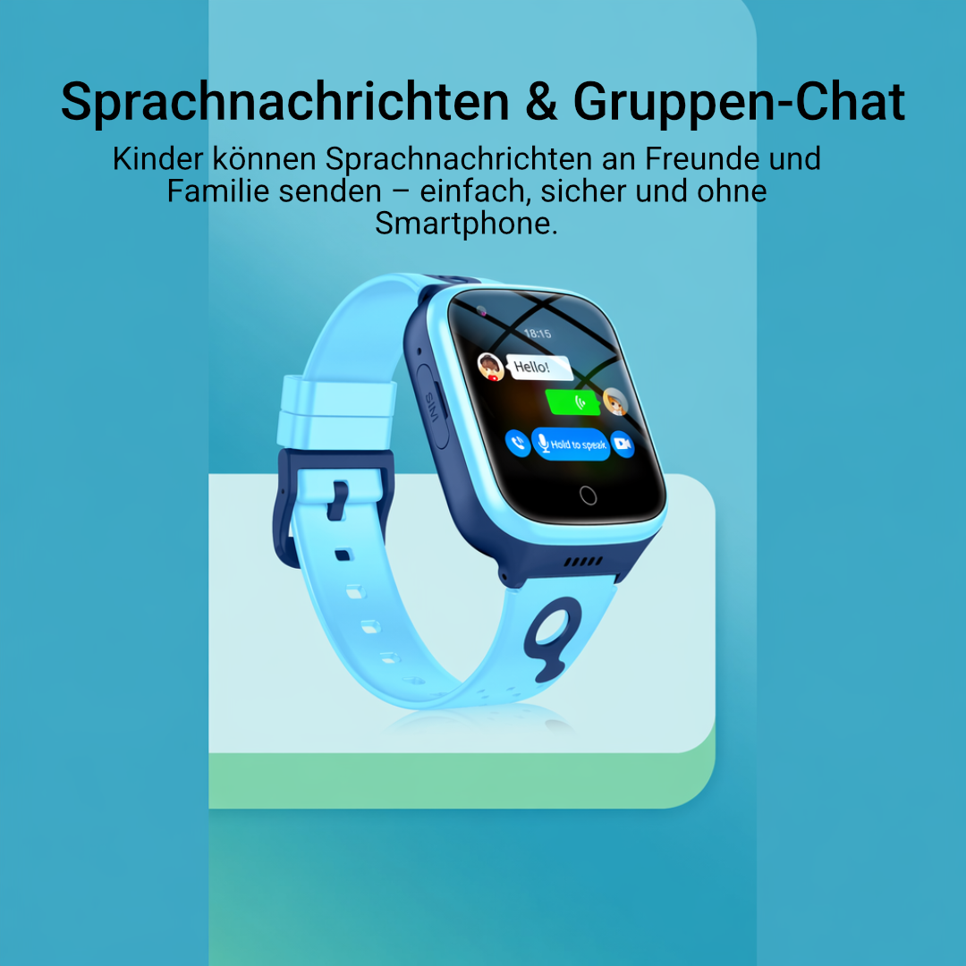 Blaue Kinder-Smartwatch seitlich, Touchscreen zeigt Chat-Oberfläche mit Sprachnachricht-Funktion, hellblaues Silikonarmband