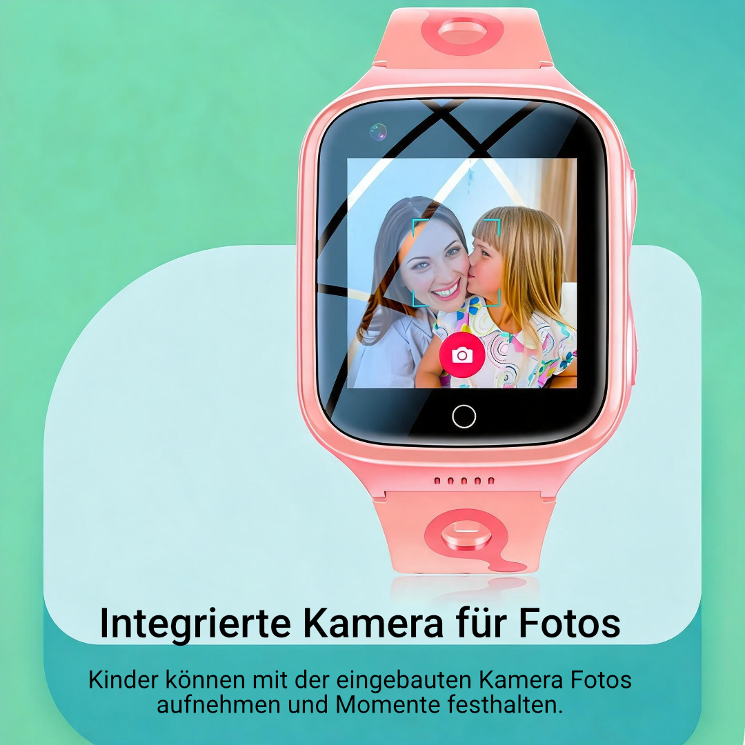 Rosa Kinder-Smartwatch Frontansicht, Display zeigt Kamera-App mit Aufnahme von Mutter und Kind, pinkes Silikonarmband