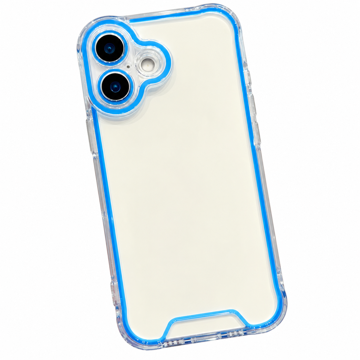 Transparente iPhone-16-Hülle mit blauem Neon-Rand und blau umrandeter Kameraeinfassung, Rückansicht