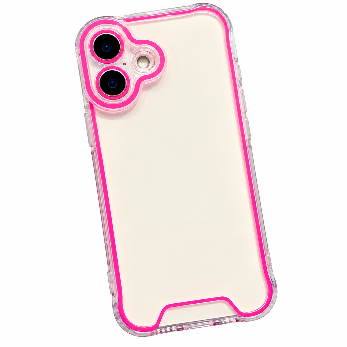 Transparente iPhone-16-Hülle mit pinkem Neon-Rand und pink umrandeten Kameraobjektiven, Rückansicht