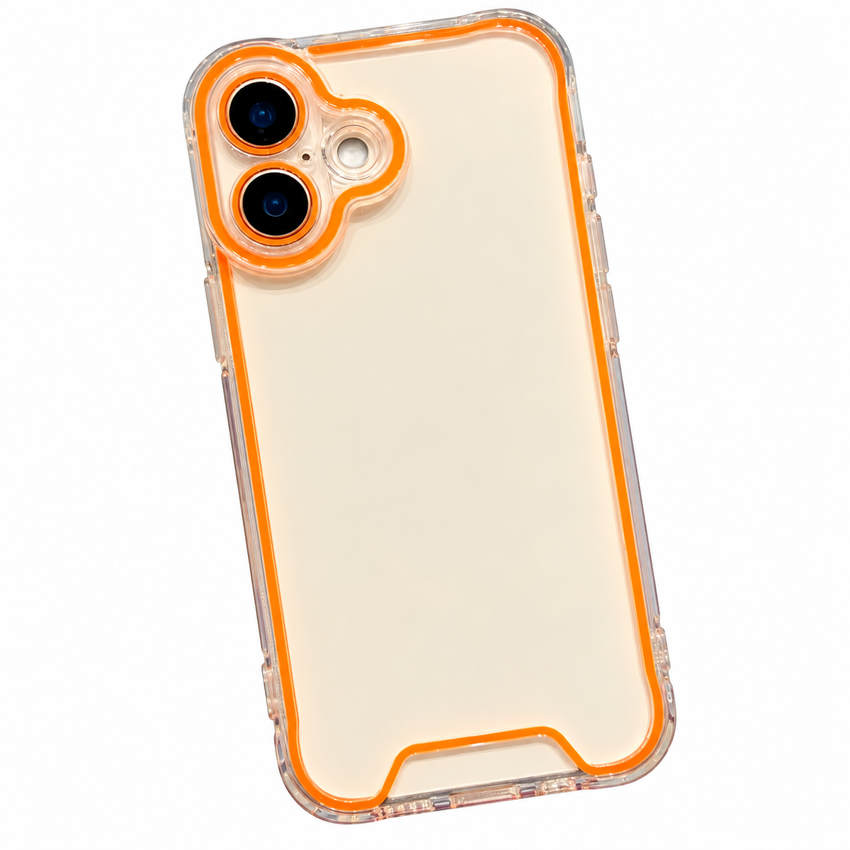 Transparente iPhone-16-Hülle mit orangefarbenem Neon-Rand und orange umrandeten Kameraobjektiven, Rückansicht