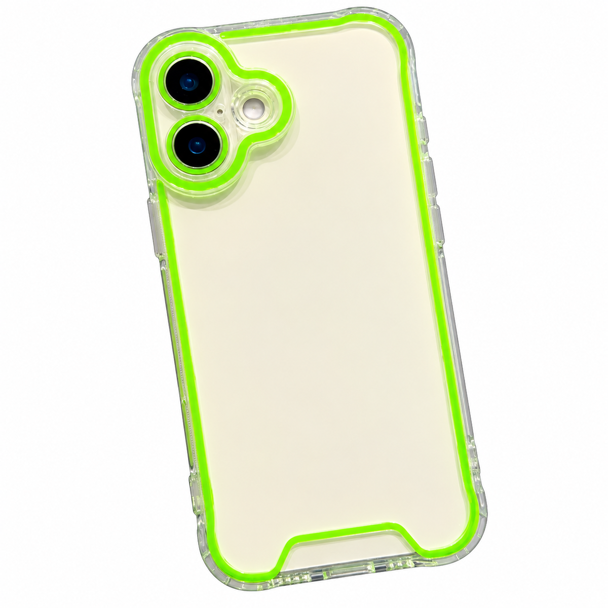 Transparente iPhone-16-Hülle mit grünem Neon-Rand und grün umrandeten Kameraobjektiven, Rückansicht