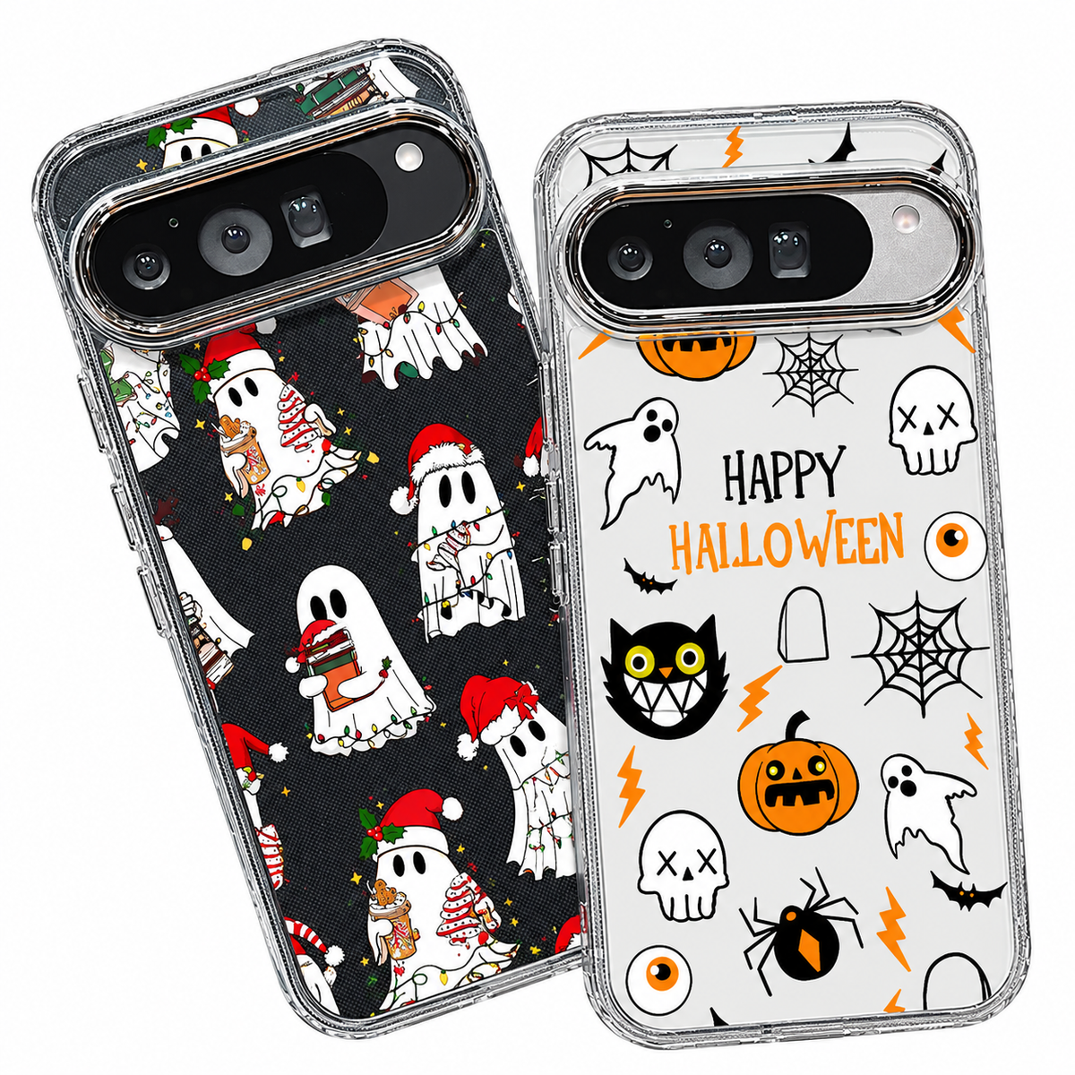 Zwei transparente Google Pixel Hüllen: links Weihnachts-Geister auf Schwarz, rechts Happy-Halloween-Muster mit Kürbis und Spi