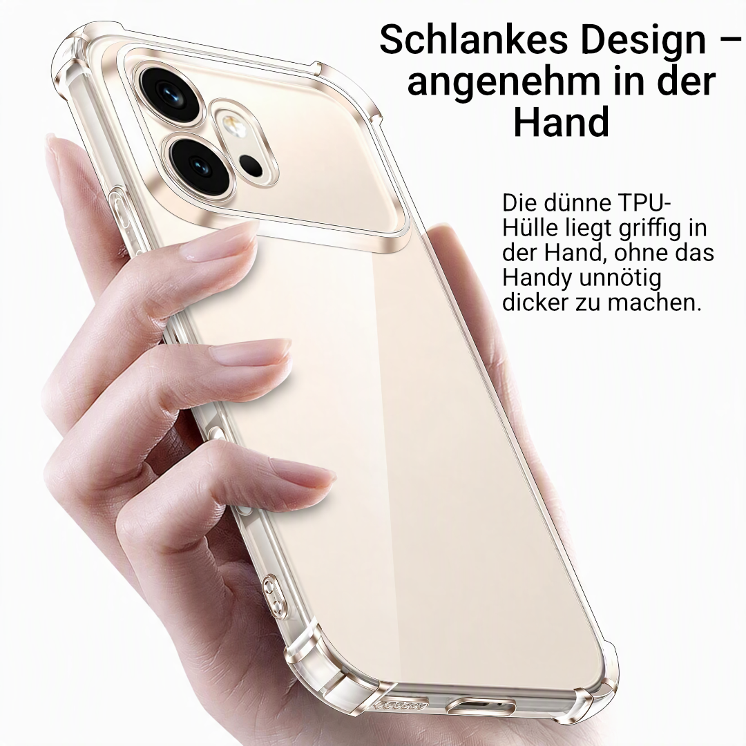 Hand hält Motorola Edge in schlanker, klarer TPU-Hülle – Rückseite mit Kameraausschnitt