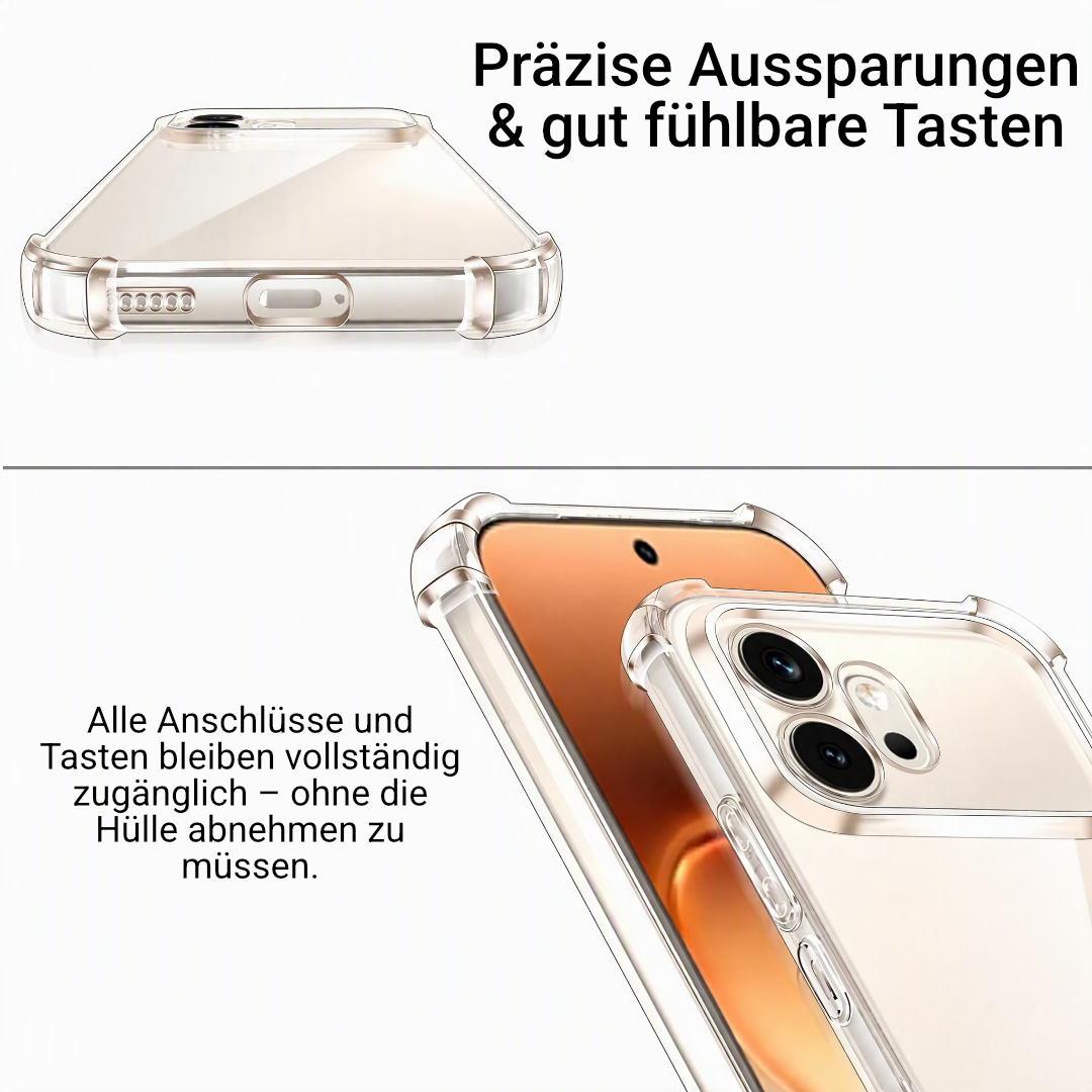 Transparente Hülle: Unterseite mit USB-Aussparung und Seitenansicht mit freien Tasten und Anschlüssen