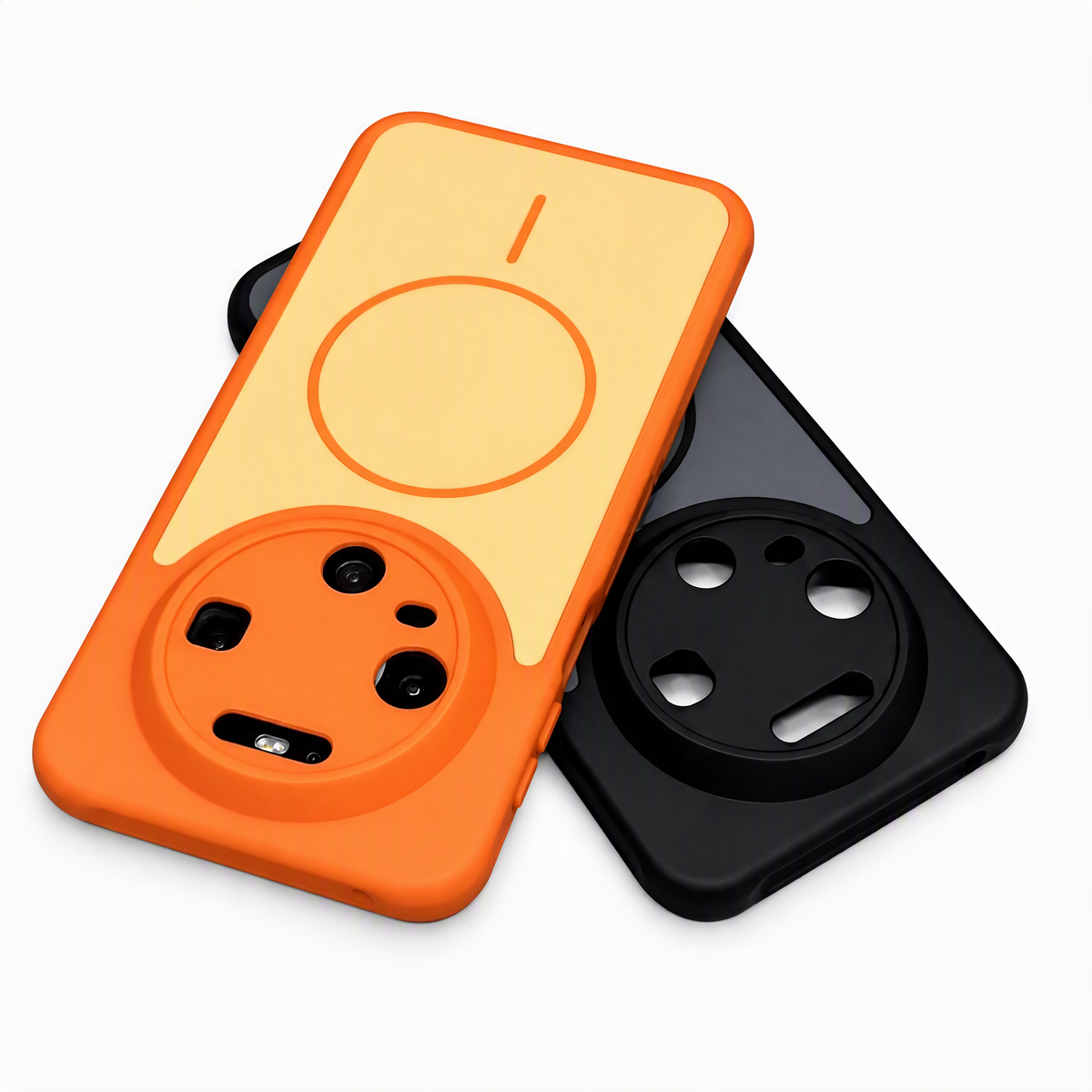 Magnetische Huawei-Schutzhülle in Orange und Schwarz, Rückansicht mit rundem Kameraausschnitt und mattem Finish
