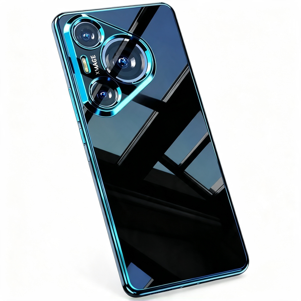 Transparente Hülle für Huawei Pura 80 mit blauem Galvanik-Rahmen, Rückansicht schräg, Kameraausschnitt sichtbar