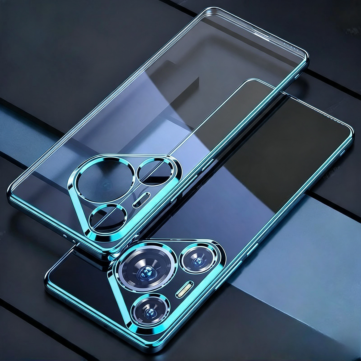 Zwei transparente Hüllen für Huawei Pura 80 mit blau-galvanisiertem Rahmen und Kameraschutzring, Draufsicht