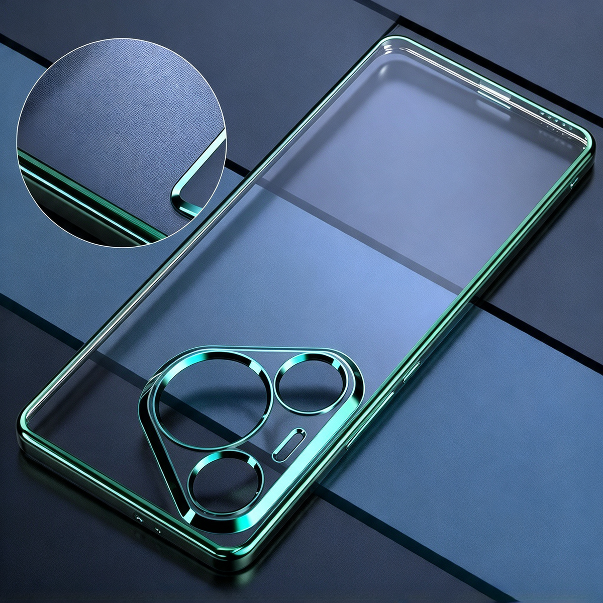 Transparente Hülle für Huawei Pura 80, grüner Galvanik-Rahmen, Detailvergrößerung der rutschfesten Innentextur