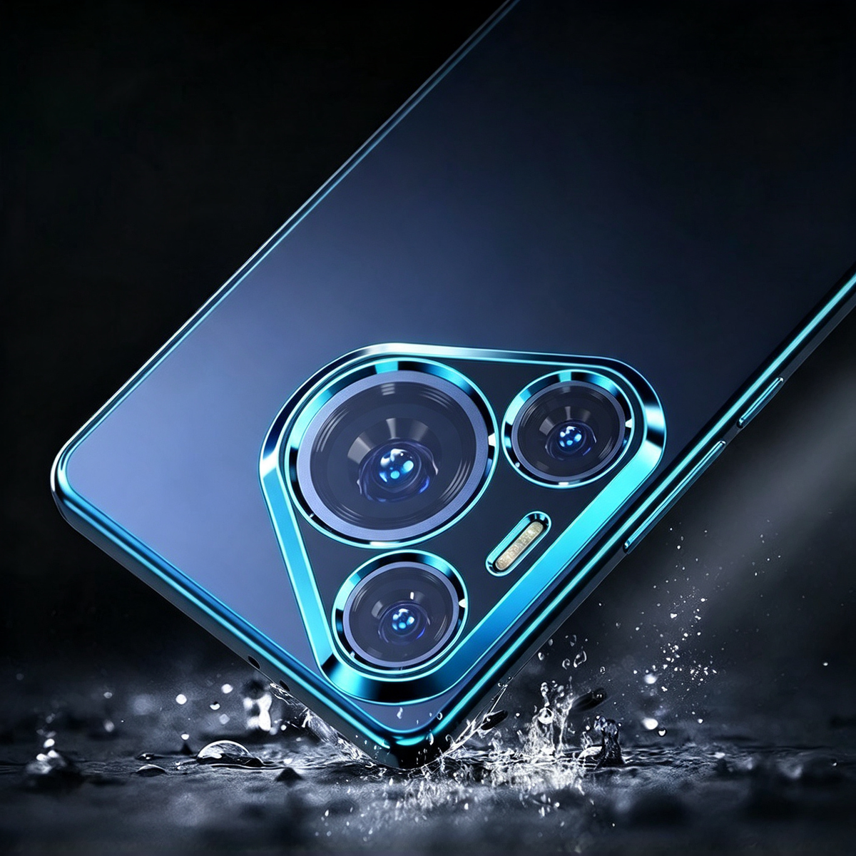 Nahaufnahme Kamerabereich der Hülle für Huawei Pura 80, blauer Galvanik-Rahmen, Wassertropfen im Hintergrund