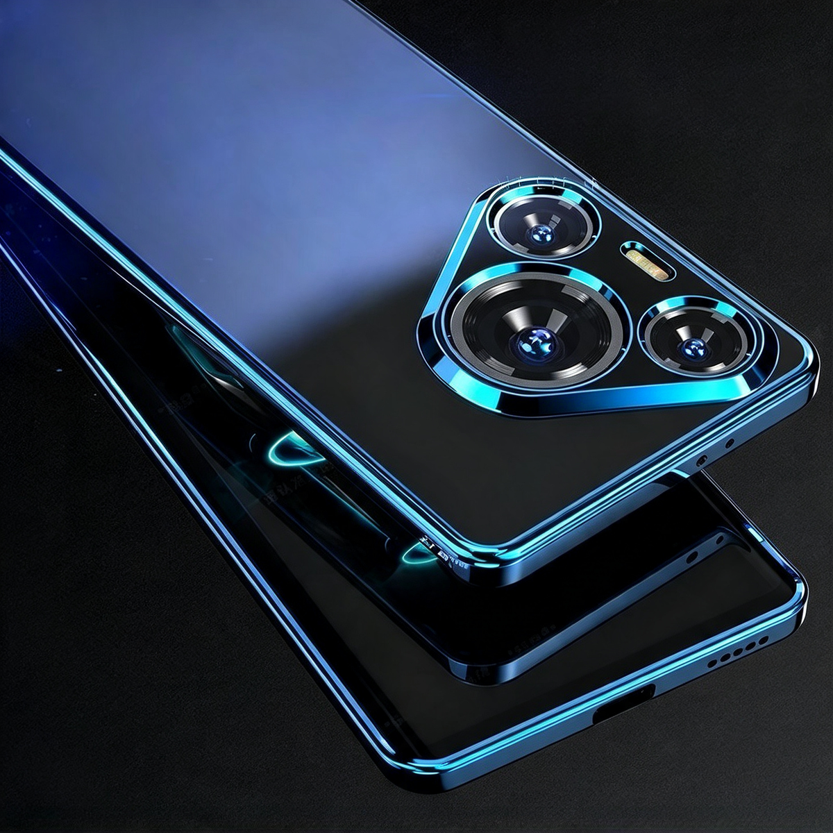 Zwei transparente Hüllen für Huawei Pura 80 mit blauem Galvanik-Rahmen, gestapelt, Kamera- und Seitenansicht