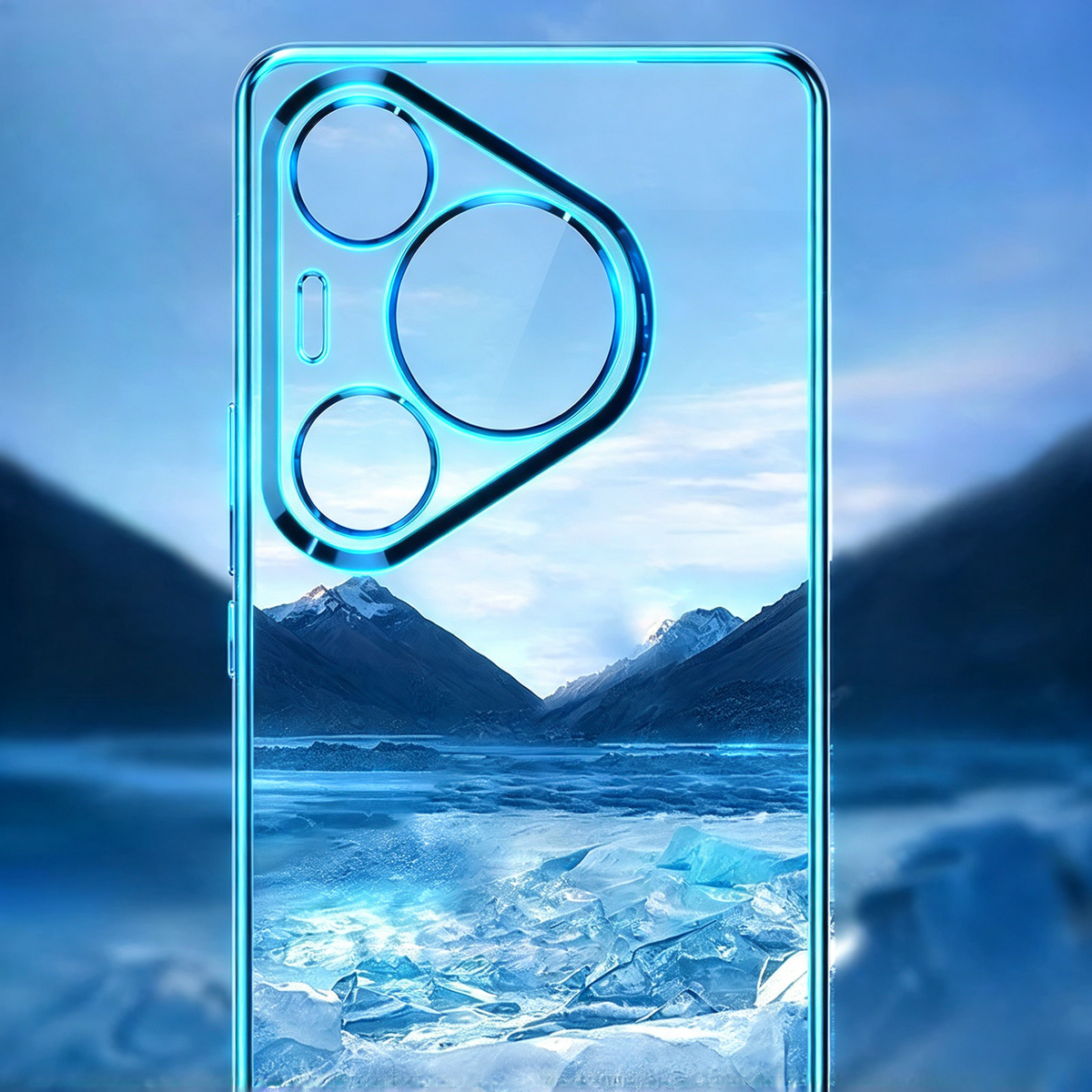 Transparente Hülle für Huawei Pura 80, türkis-blauer Galvanik-Rahmen, Frontansicht vor Bergpanorama-Hintergrund