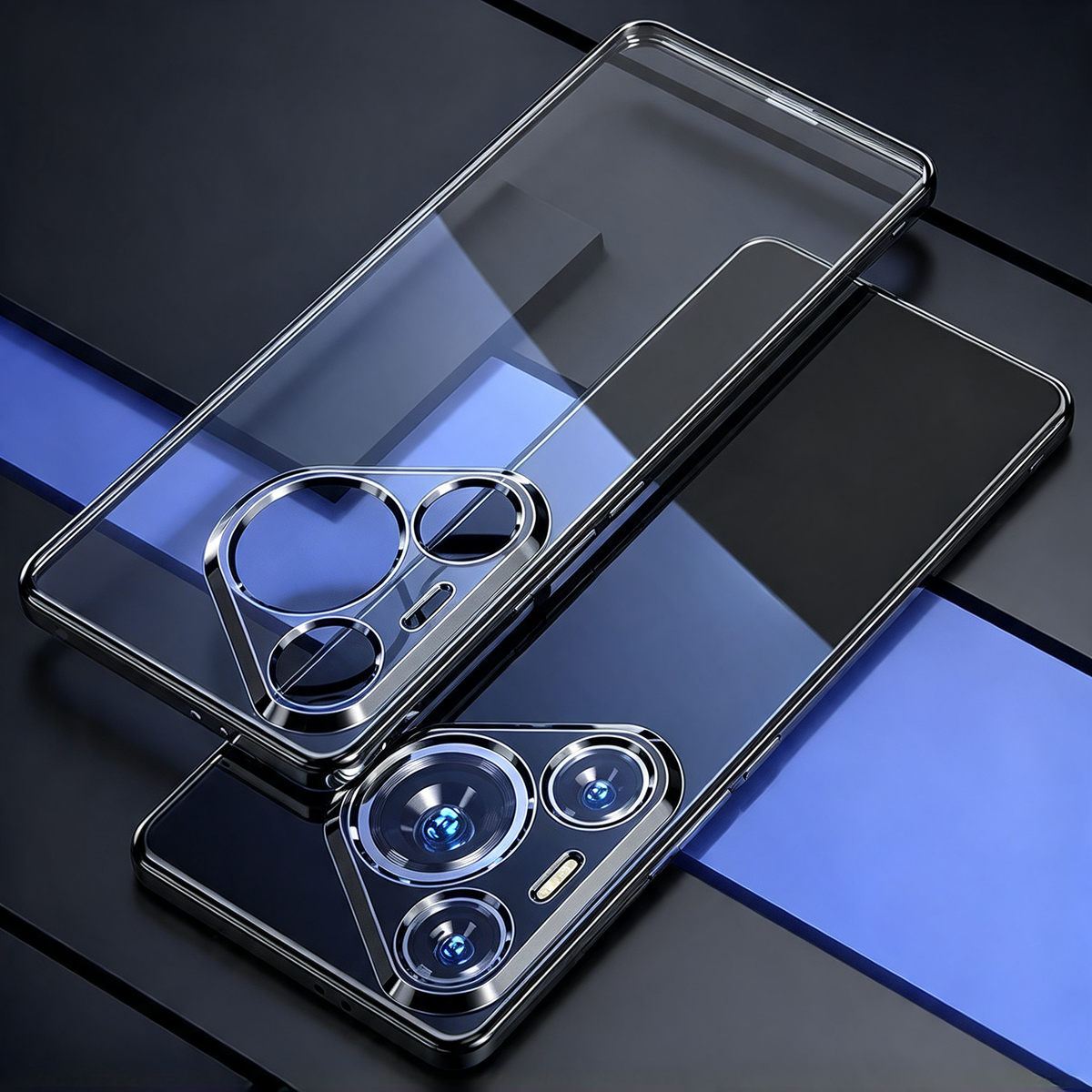 Zwei transparente Hüllen für Huawei Pura 80 mit dunkelblauem Galvanik-Rahmen, Vorder- und Rückseite übereinander