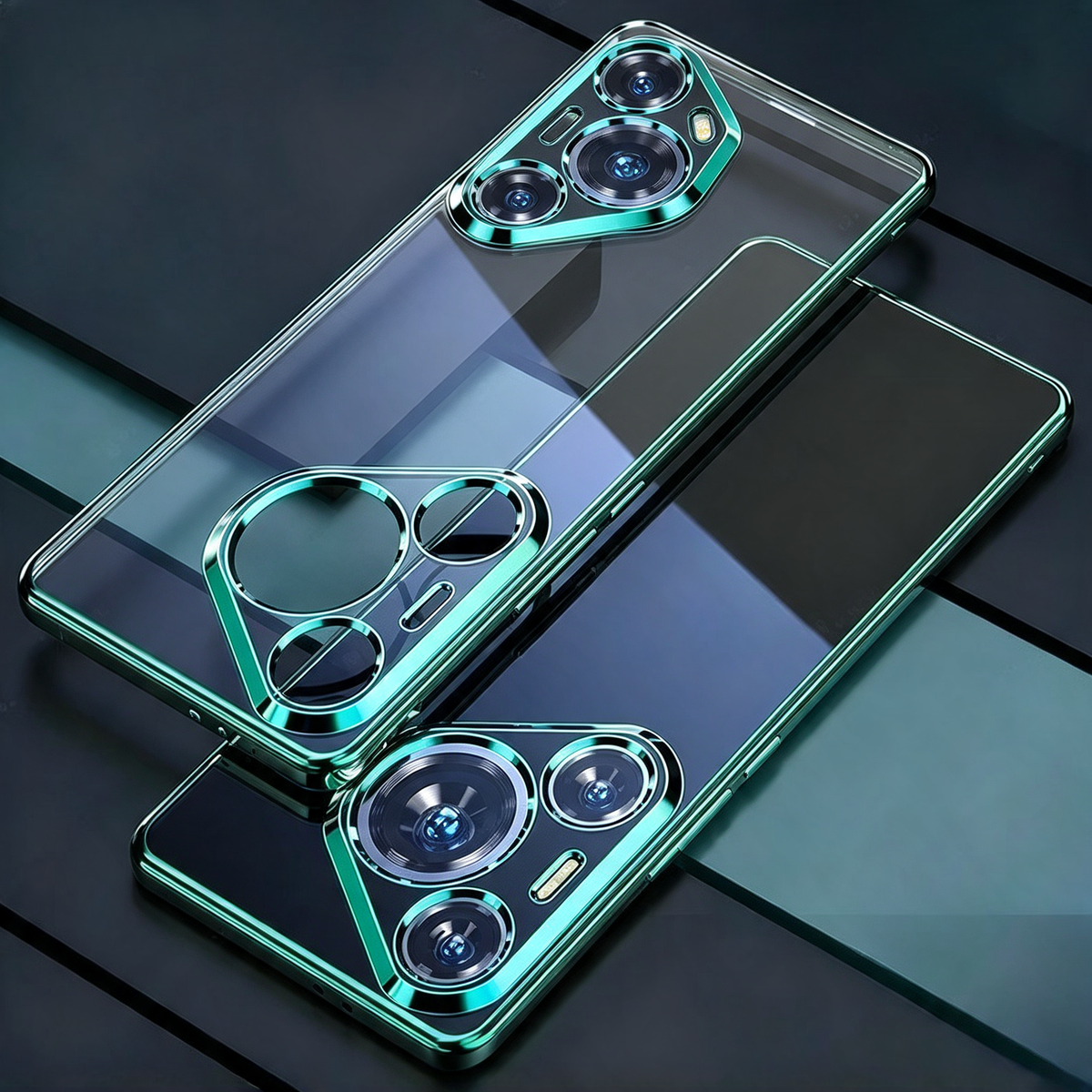 Zwei transparente Hüllen für Huawei Pura 80 mit grünem Galvanik-Rahmen, Vorder- und Rückansicht gestapelt