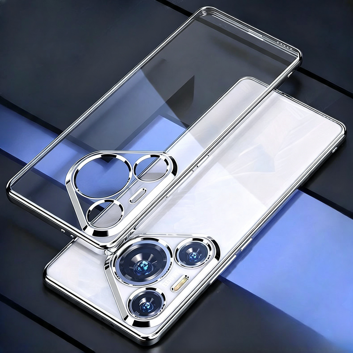 Zwei transparente Hüllen für Huawei Pura 80 mit silbernem Galvanik-Rahmen, klare Rückseite und Kameraschutzring